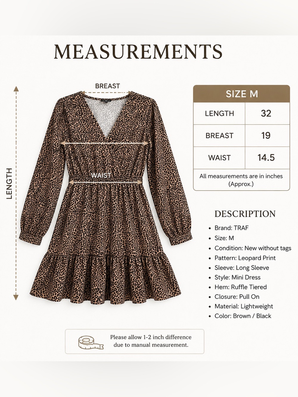 TRAF Leopard Print Long Sleeve Ruffle Hem Mini Dress Size M - Picture 6 of 6